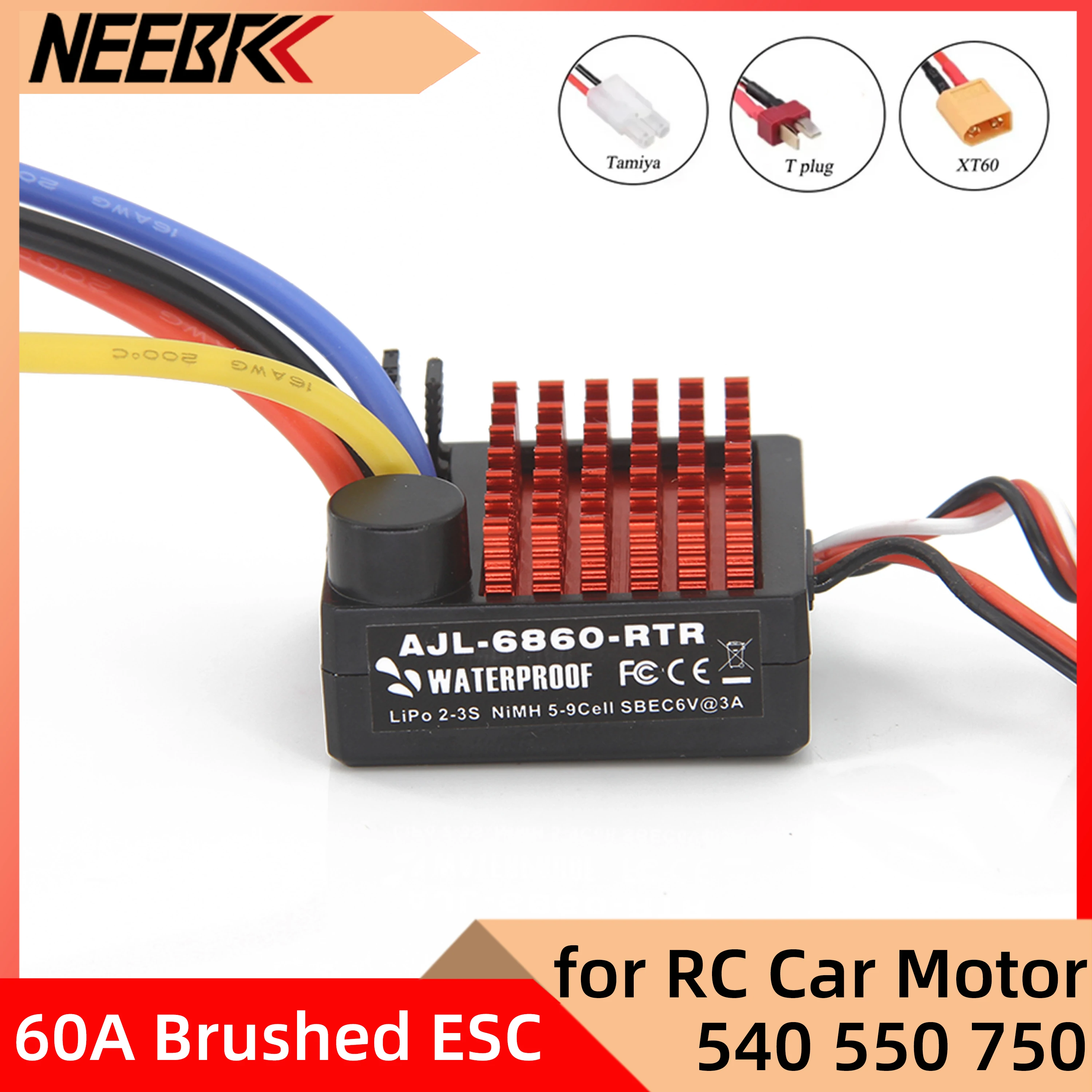 

540/550/750 Motors Waterproof 60A Brushed ESC 6V/3A BEC Built-in 3 Modes AJL-6860-RTR 2-3S for RC Car Vehicles Boat Tank Model