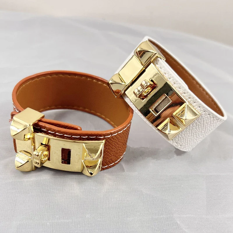 Top Quality 10 Colors Single Layer Leather Circle Gold Plated Rivet Stainless Steel Bracelet For Women Brand Element Jewelry