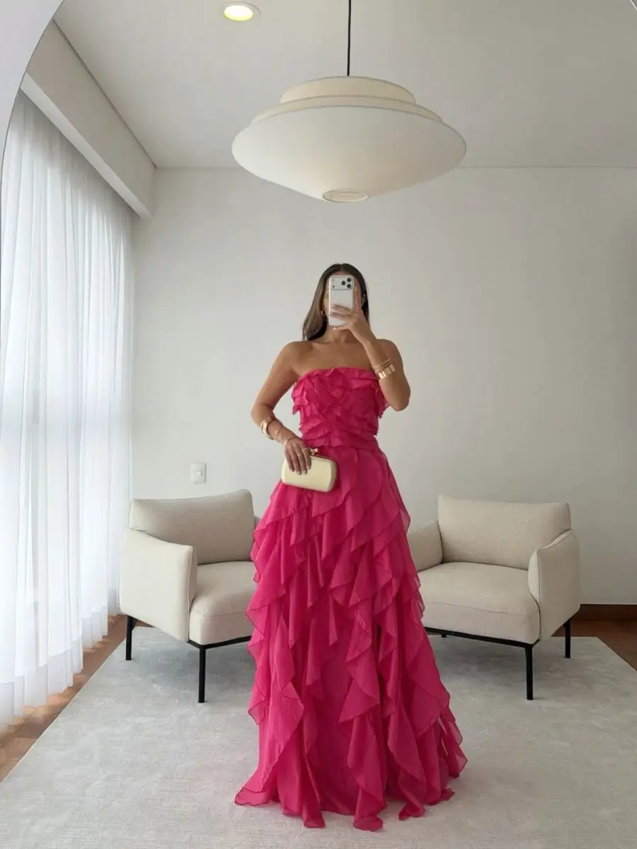 Custom Strapless Sleeveless Ruffled Maxi Gown Evening Dress Women‘s Dress Multi Layer Draped Smocked Back Zip Bridesmaid Dress