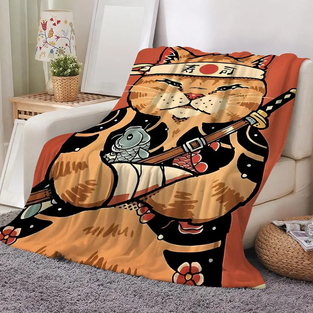 Samurai Cat Shark Throw Soft Flannel Throw Blanket Lightweight Cooling Summer AC Nap Blanket for Sofa Bed Couch Travel