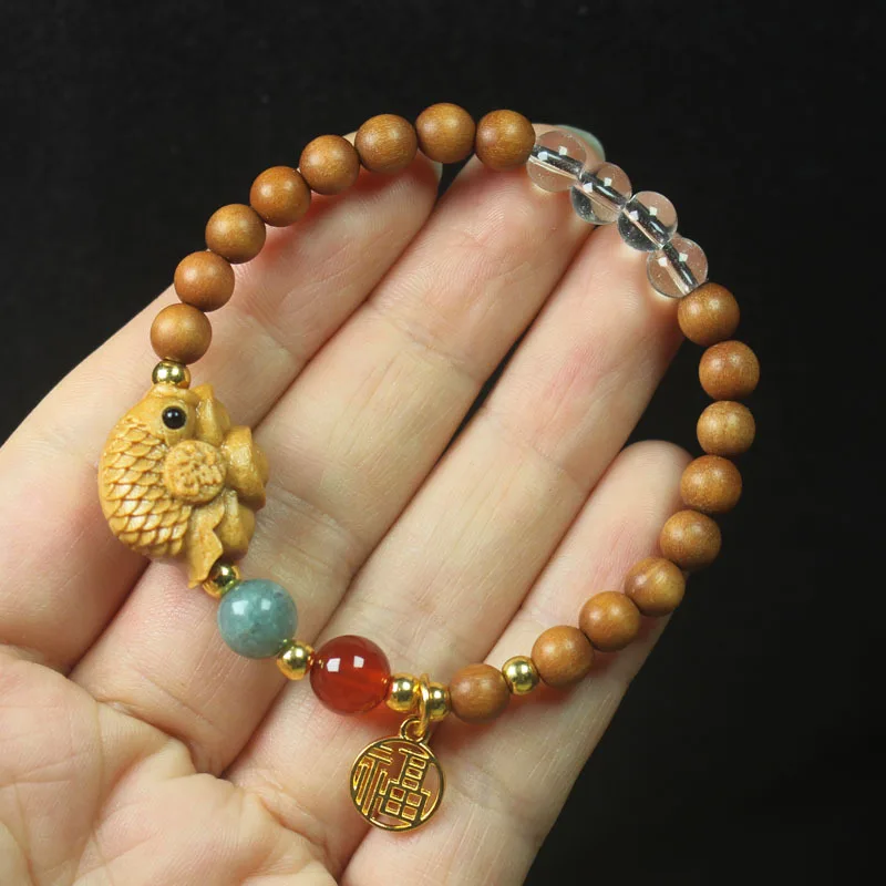 

Sandalwood Bracelet, Carved Fish Beads, Ethnic Style, Women's Lucky Jewelry.