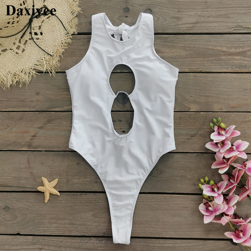 Solid Hollow Out One Piece Swimsuit Sexy High Cut White Swimwear Backless Bandage Women Swimming Bathing Suit Beachwear Monokini