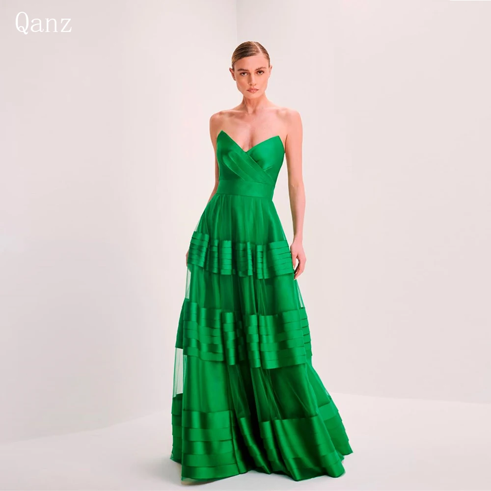 

Qanz Modest Green Arabic Women Evening Dresses Sleeveless Vestido De Fiesta Zipper Back Ruched Matte Satin Formal Prom Gowns