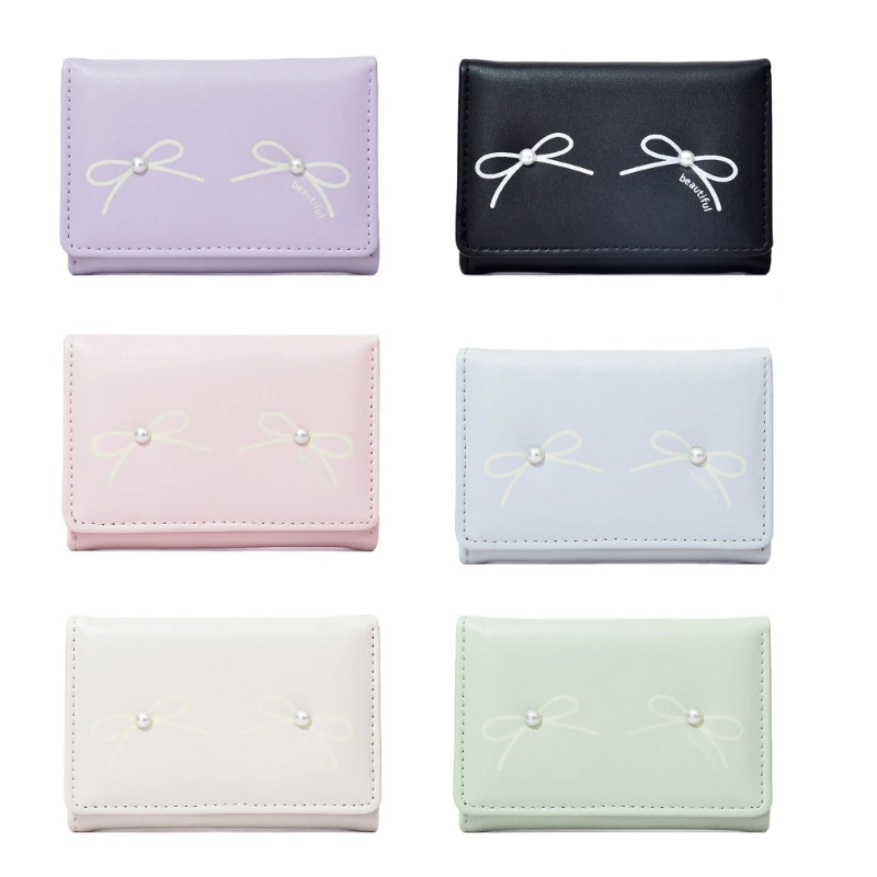 Women's Wallet PU Leather Coin Purse with Elegant Bows Designs and Faux Pearls Detail for Stylish Ladies and Students