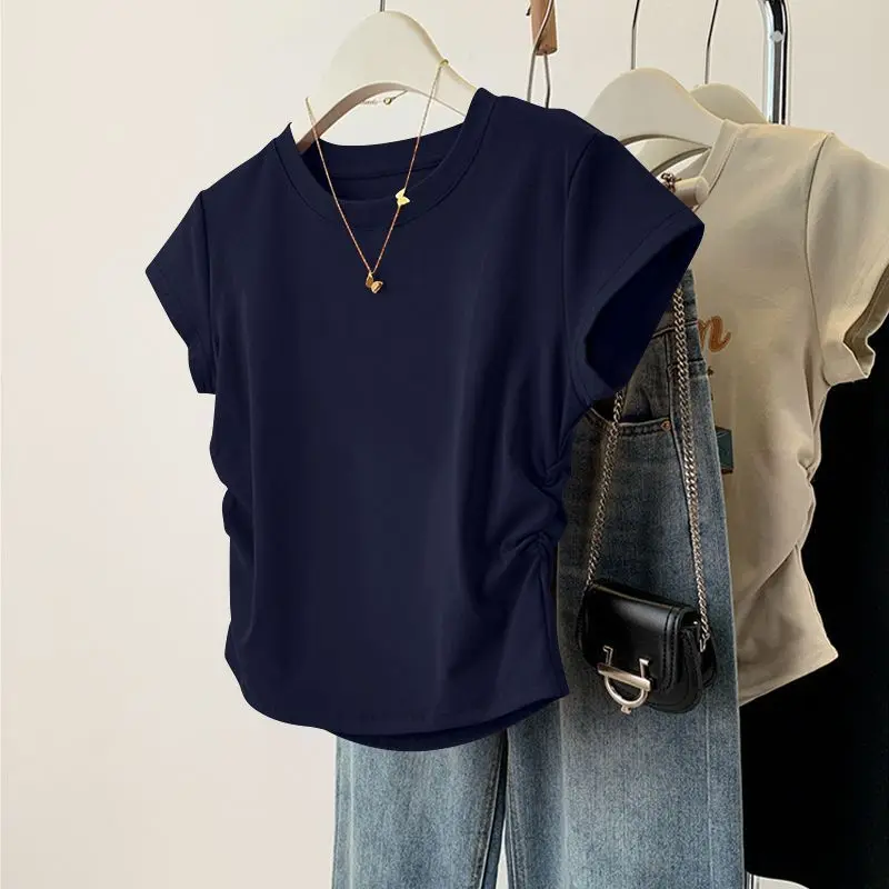 

Short Sleeve Basic Top Minimalist Solid Soft Cotton Round Neck Slim Breathable Daily Sexy Women Summer All Season