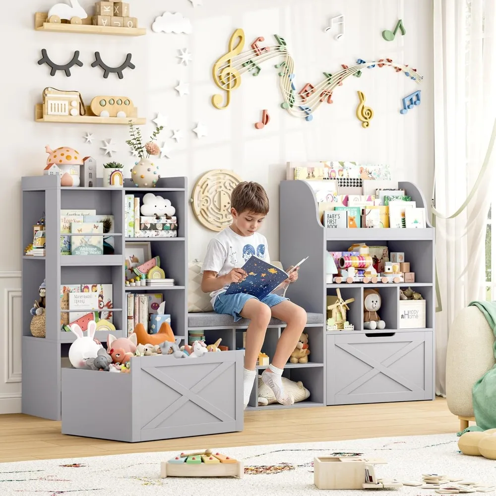 Grande organizador de armazenamento de brinquedos com ângulo de leitura e almofada de assento para crianças, estante de 75 polegadas de largura com 2 gavetas móveis