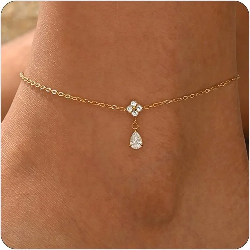 18K Gold Plated Flower Waterdrop CZ Ankle Bracelet for Women Teen Girl, Dainty Trendy Summer Waterproof Beach Foot Chain Jewelry