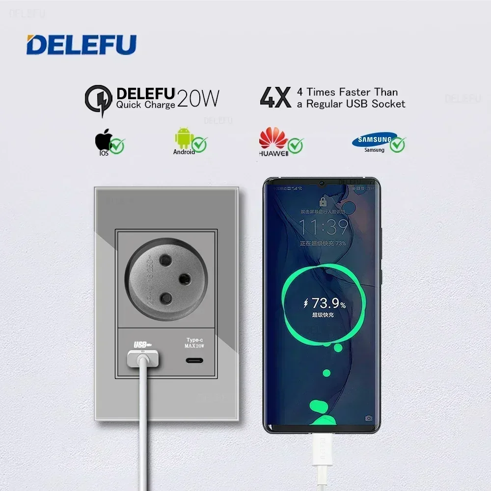DELEFU Grey Tempered Glass Israel USB Type C Fast Charging Wall Socket Light Tuya Wifi Smart Switch Sat TV Tel Doorbell Curtain