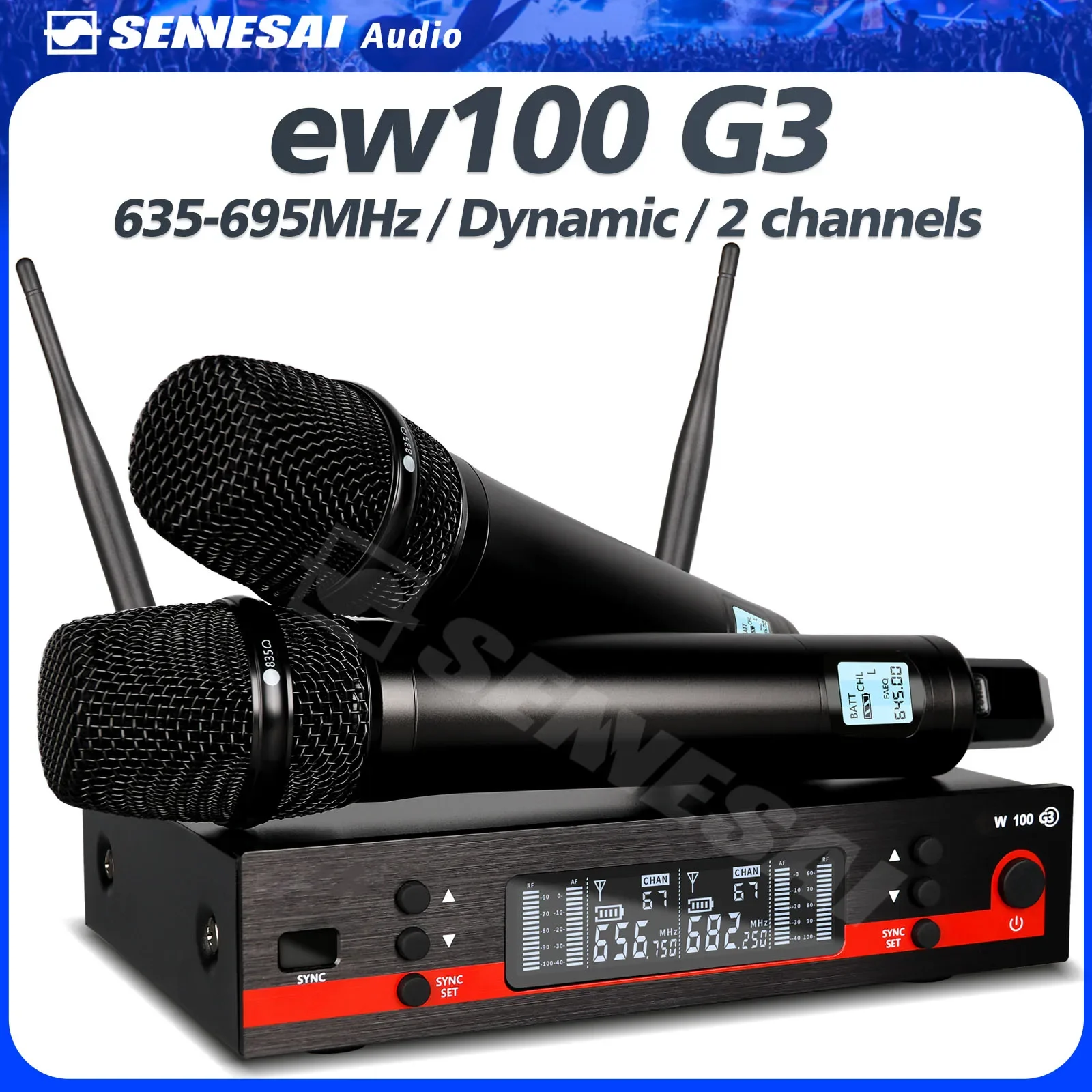 Top Quality!Ew100G3 Professional Dual Wireless Microphone Stage Performance 2 Channels 600-699 UHF Karaoke Metal Handheld e835