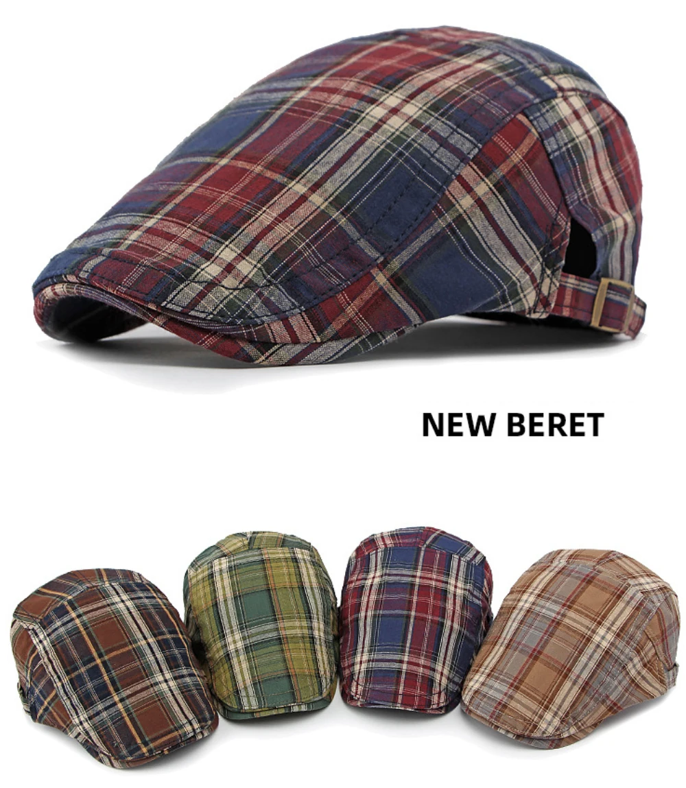 HT4376 Berets Männer Frauen Vintage Plaid Baskenmütze Männlich Weiblich Einstellbare Flache Kappe Retro Frühling Sommer Kappe Baskenmütze Hüte für Männer Frauen – Detail 2