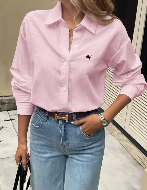 Autumn Solid Color Lapel Embroidered Decorative Button Long Sleeved Shirt for Women's Casual Simple Slim Fit Long Sleeved Shirt