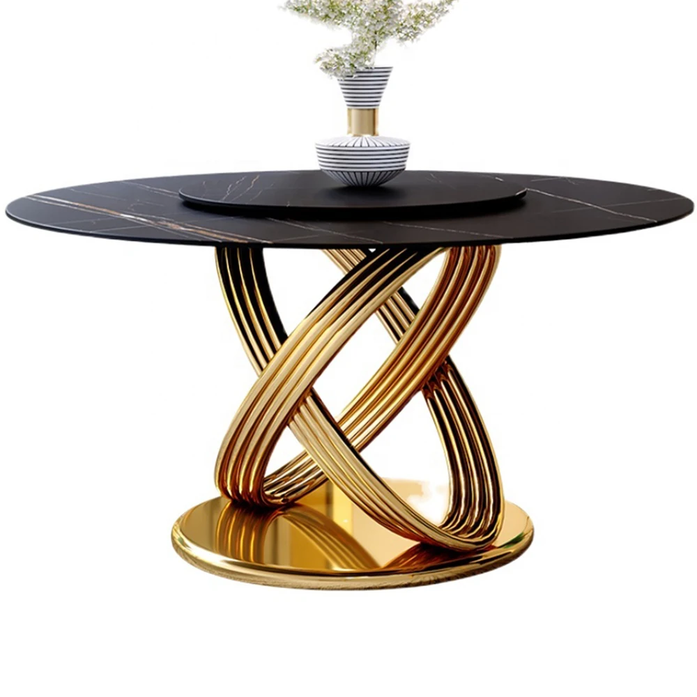 Furniture Gold Metal Round Dining Table Luxury Dining Table Set Rotating Dining Table for Home