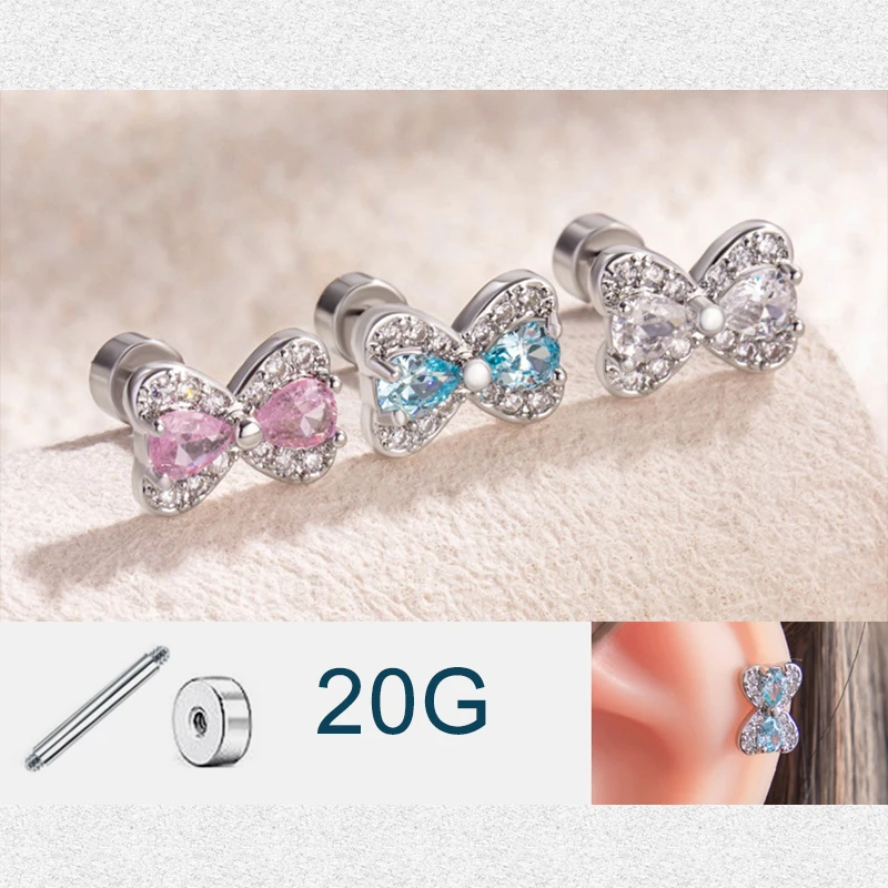 20G Cartilage Tragus Earring Ear Studs, Hypoallergenic Titanium Cute Butterfly Bowknot Cubic Zirconia Earrings Stackable Stud