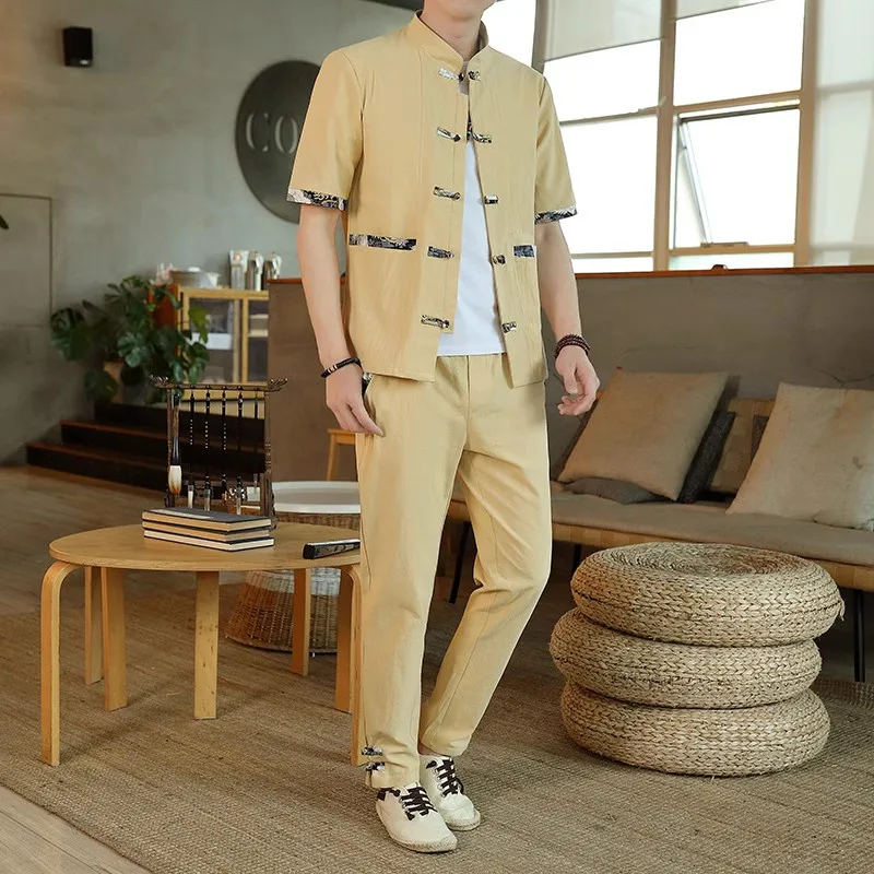 Shirts+Pants summer chinese style elastic waist Cardigan Men\'s set Casual Sets Male Fashion trousers and shirt men size M-5XL