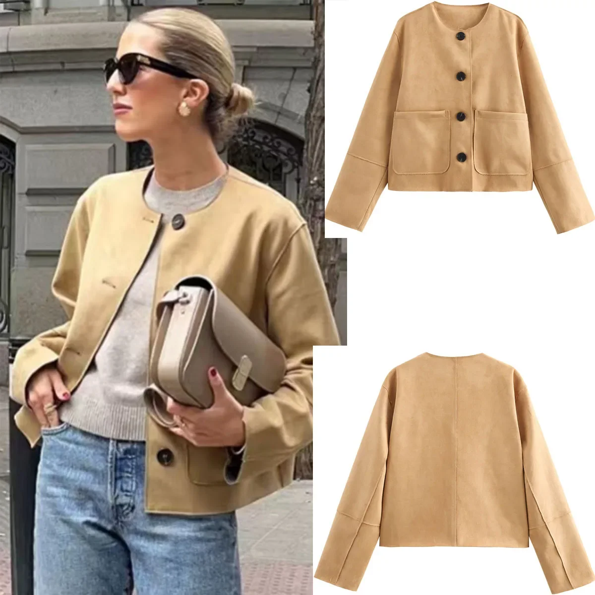 

Модные женские пальто на молнии с лацканами и длинными рукавами, весенняя женская элегантная повседневная уличная одежда, осенняя винтажная женская замшевая куртка-бомбер