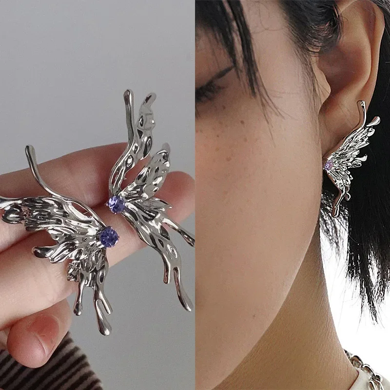 2024 New Y2K Aesthetic Hip Hop Punk Style Liquid Butterfly Zircon Earring for Woman Cool Metal Big Earrings Jewelry Wholesale