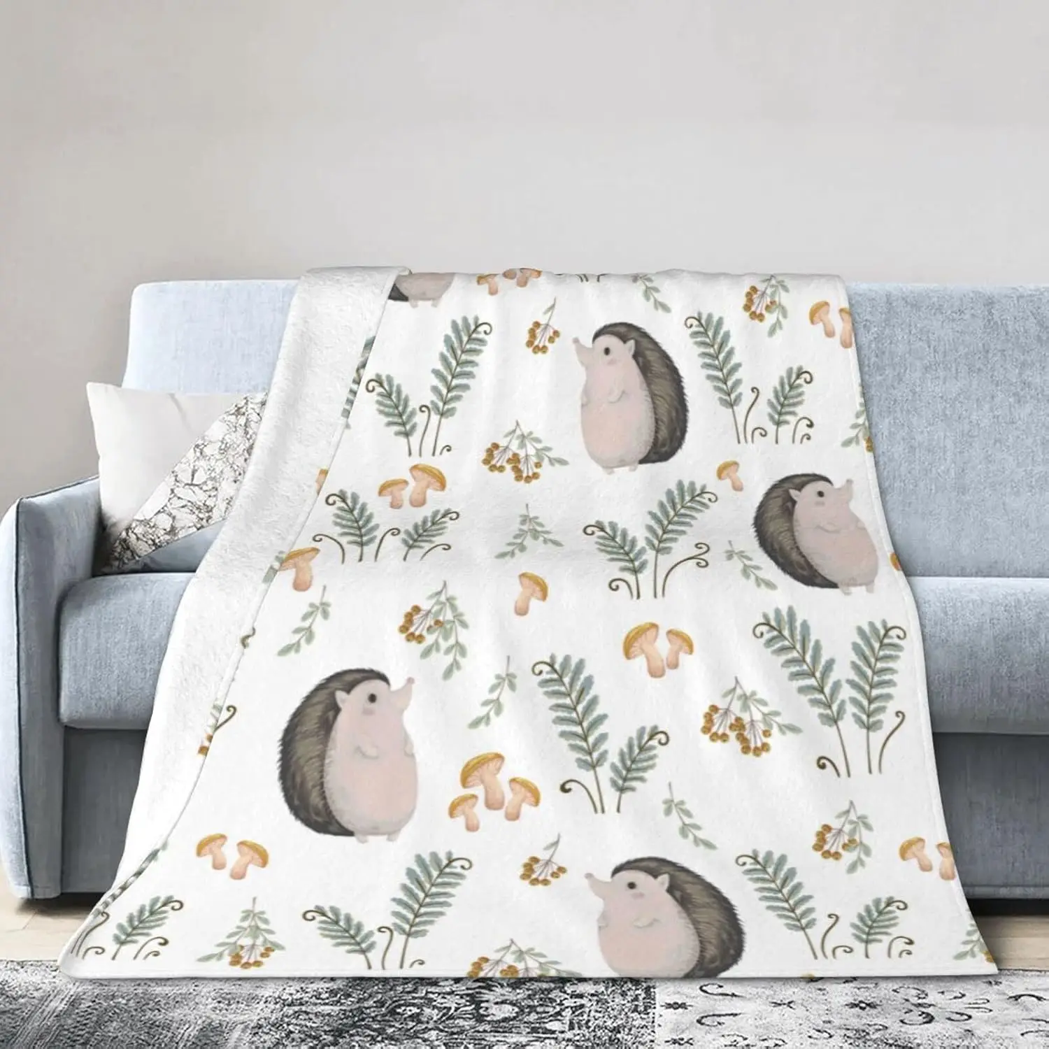Minimal Watercolor Hedgehog Wild Mushroom Green Fern Flannel Throw Blanket Soft Warm Cover for Infant Couch Bedroom Decor