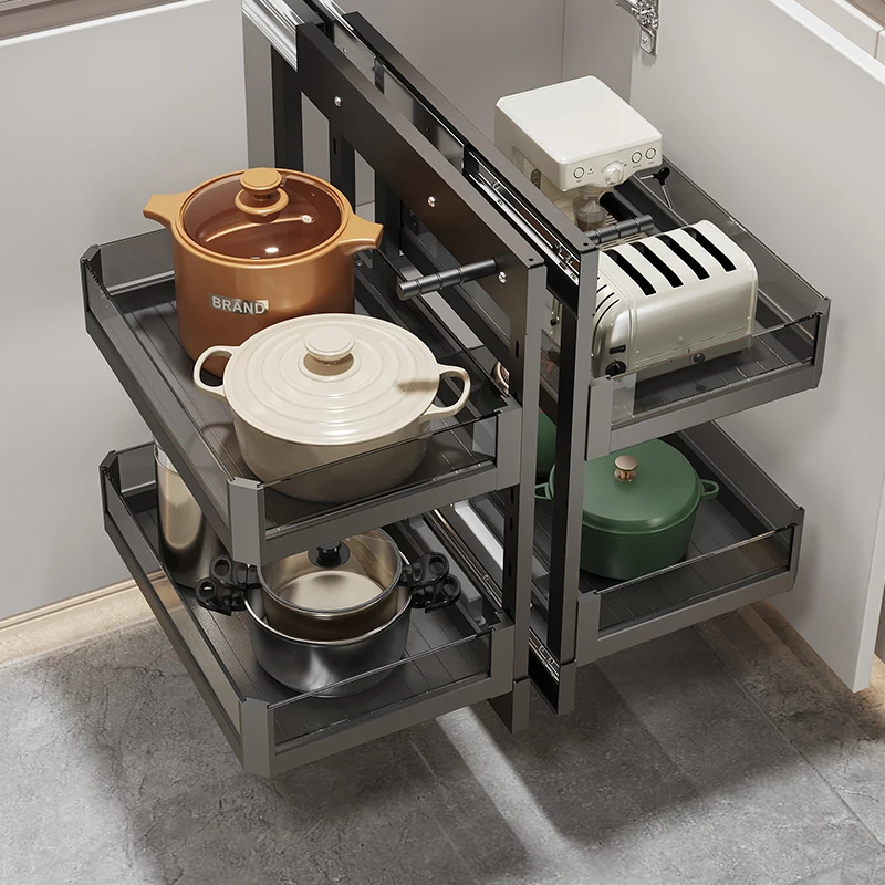 Corner pull-out basket little monster kitchen cabinet space aluminum alloy full pull-out kitchen corner storage damping buffer