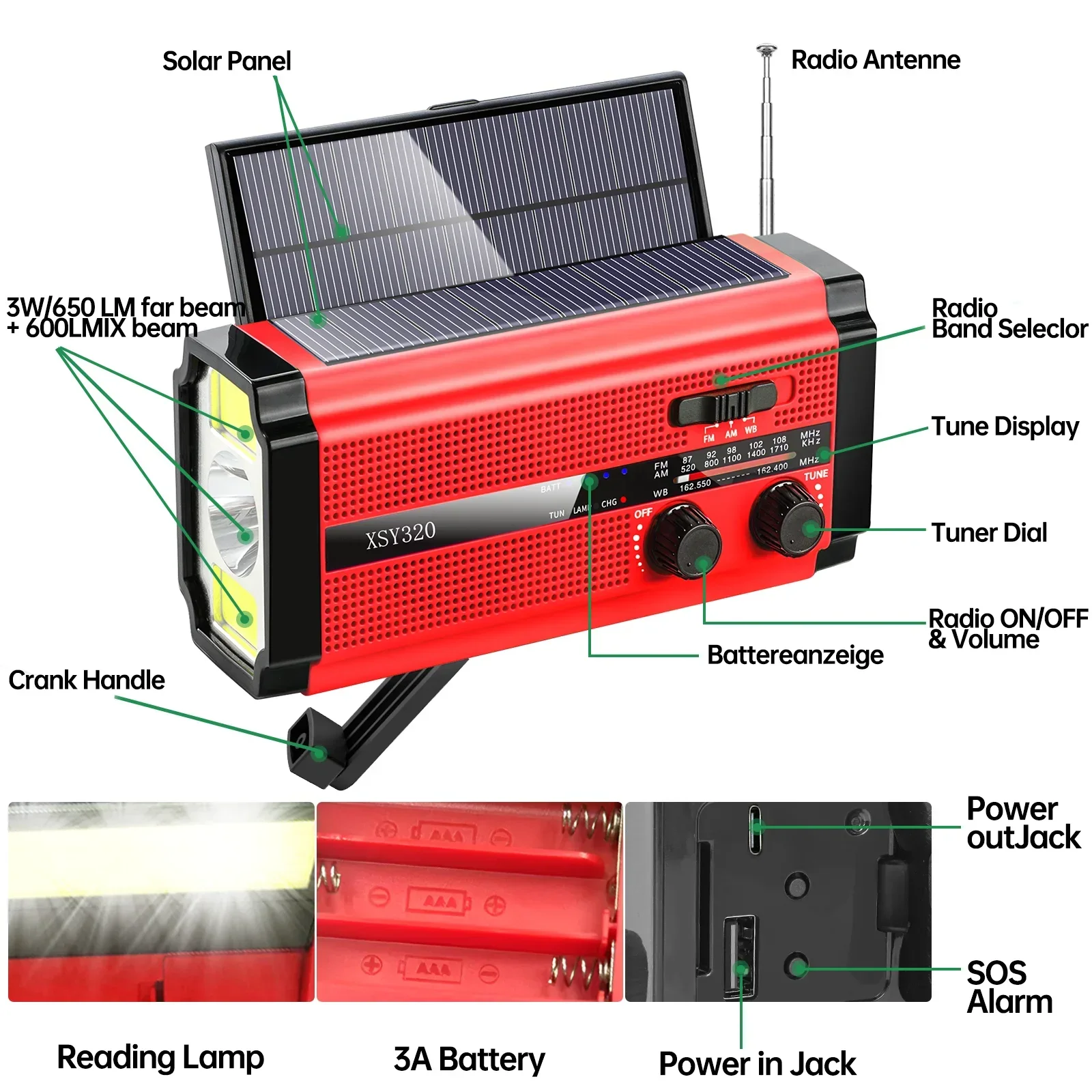 WOOPKER 5000mAh راديو الطوارئ FM XSY-320 المحمولة اليد بالطاقة الشمسية قابلة للشحن مقاوم للماء مع SOS إنذار مصباح يدوي الطقس