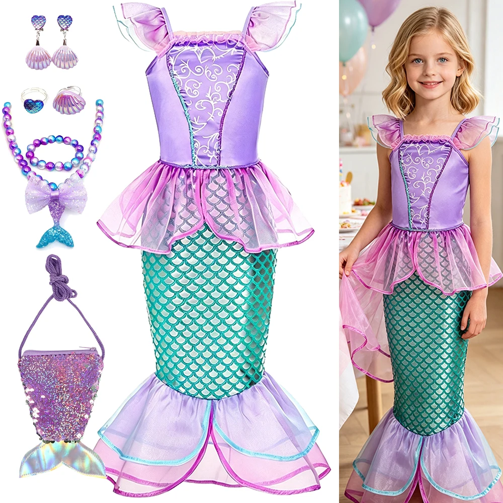 Ocean Mermaid Sleeveless Fishtail Cosplay Dress with Crown Necklace for Kids Halloween Book Week Birthday Party Fancy Costume