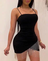 Vestido de fiesta de noche de cumpleaños para mujer, minivestido Sexy con borla dividida sin mangas, ceñido al cuerpo, elegante, con tirantes, corto