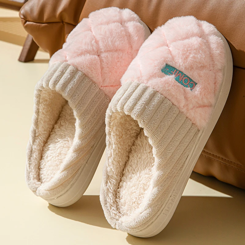 Bequeme Plüsch-Hausschuhe für Damen mit Dicker Sohle, Unisex Winter Fleece-Gefütterte Rutschfeste Warme Schuhe, Paar-Hausschuhe in Übergrößen