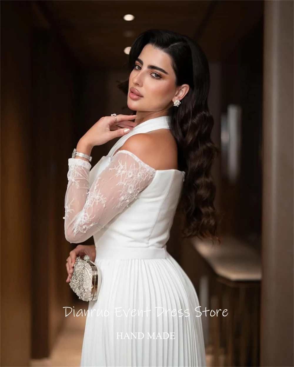 فستان سهرة Dianruo برقبة رسن على شكل حرف A مطوي وأكمام من الدانتيل رداء De Soirée Abendkleider دبي فيستدو دي فييستا مخصص