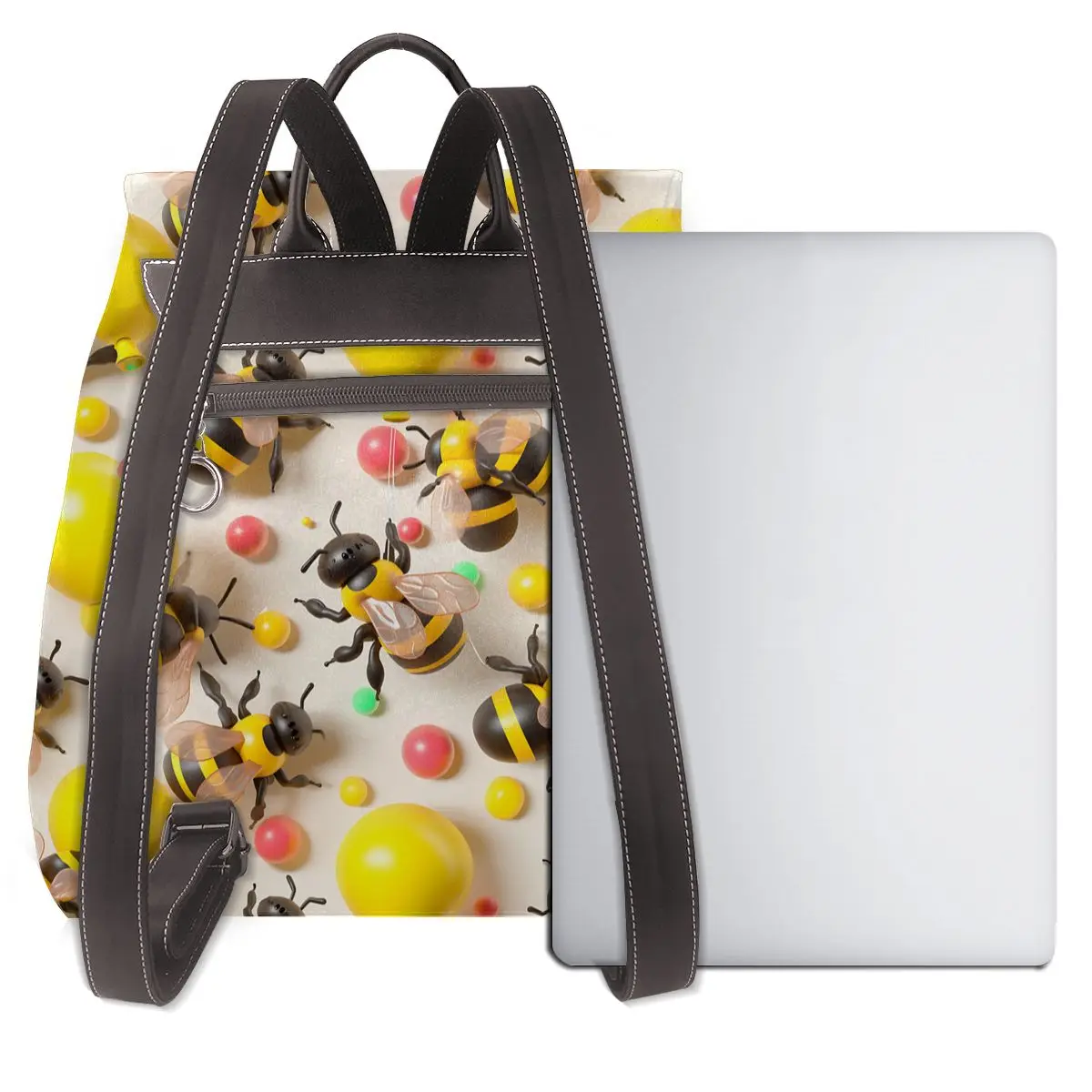 줄무늬 꿀벌과 풍선 3D 패턴 새로운 여성 배낭 디자이너 고품질 가죽 간단한 패션 대용량 배낭