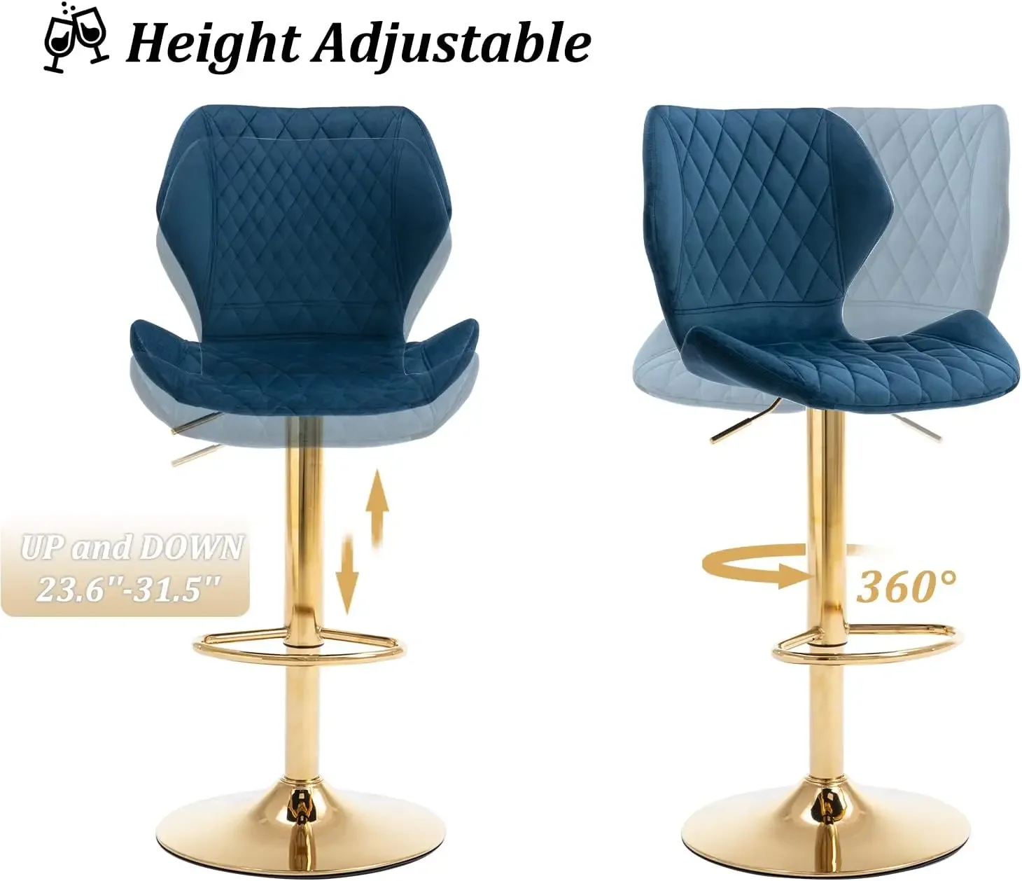 CIMOTA Swivel Adjustable Bar Stools Set of 4 Modern Gold Counter Height Bar Chairs for Kitchen Island Velvet Tall Barstools