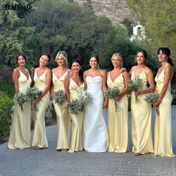 Bafftafe Simple Yellow Silk Satin Bridesmaid Dresses Women Wedding Party Guest Dress Customized Deep V-Neck Formal Prom Gowns