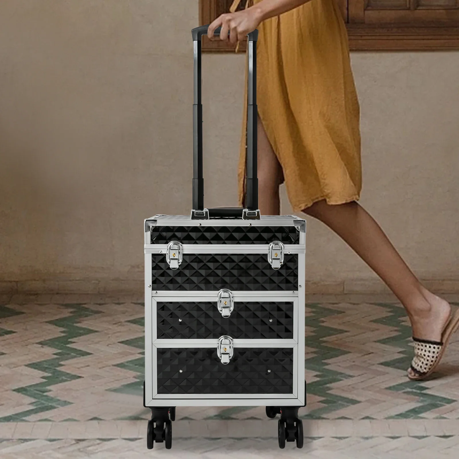 حقيبة مكياج دوارة من 3 طبقات مع درجين منزلقين، صندوق تخزين منظم مستحضرات التجميل باللون الأسود لفناني المكياج، سعة تحميل 30 كجم #6