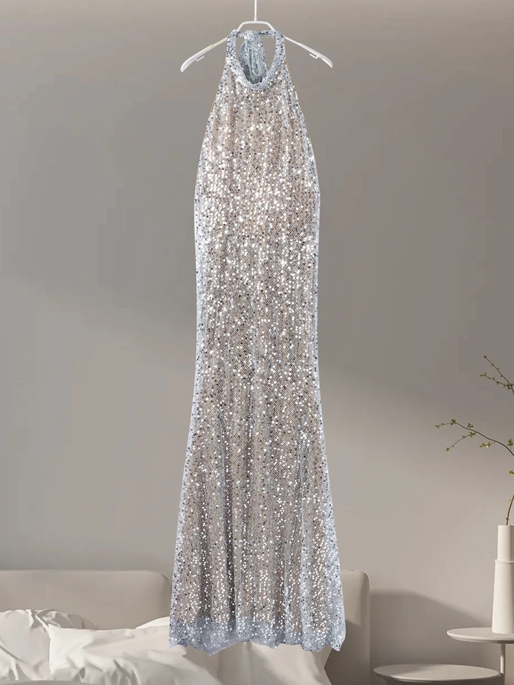 2025 Summer Autumn Paillette Halter Long Dress Women Sexy Sleeveless Backless See Through Female Dresses Beach Holiday Lady Robe view 6