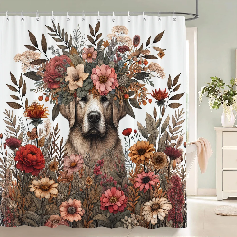 

Flowers Dog Shower Curtain with Hooks Home Decor for Watercolor Plants and Floral Bathroom Curtain Polyester Fabric Bath Curtain