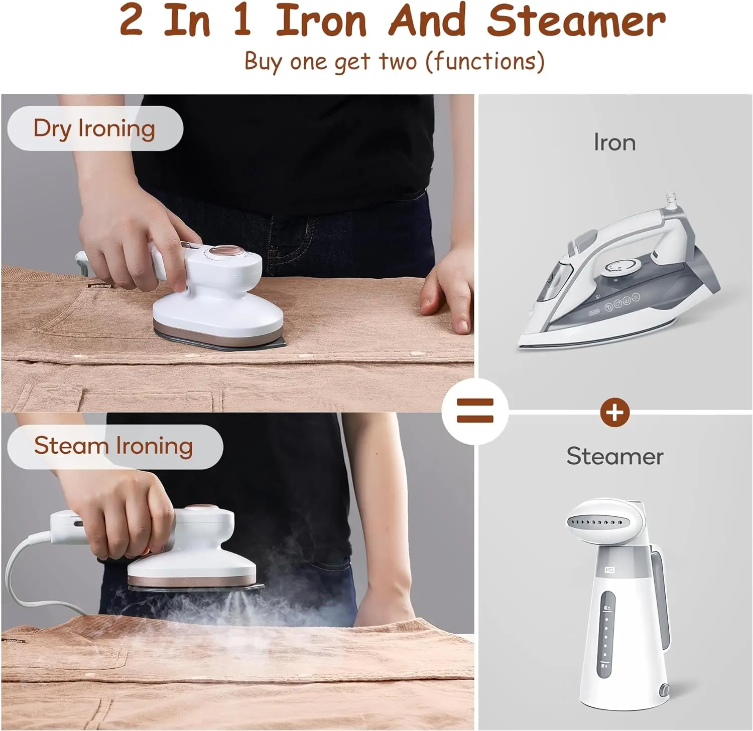 New Lightweight 2-in-1 Steam Iron for Clothes, Non-Stick Ceramic Soleplate, Dual Voltage Travel Iron