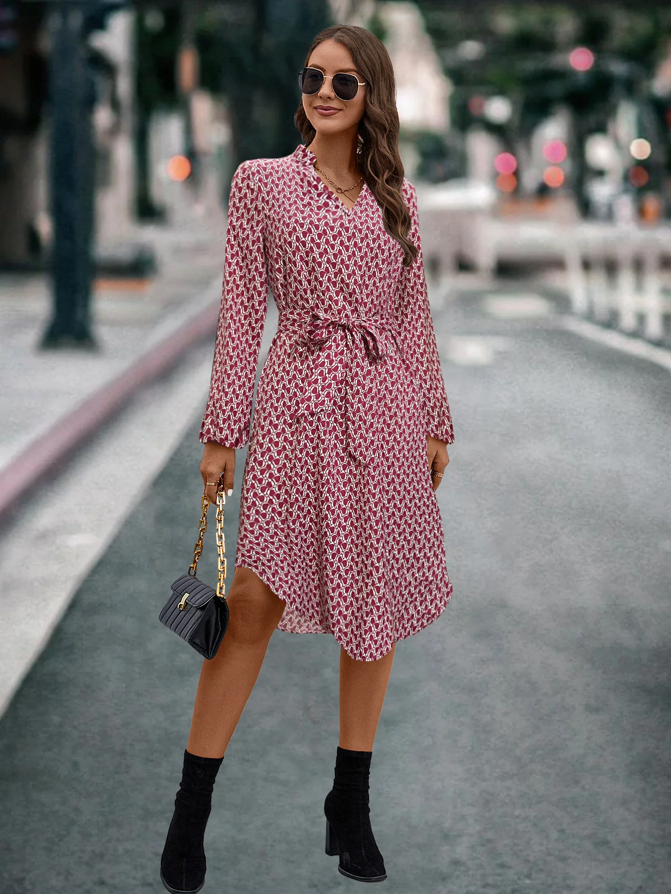 

2024Autumn/Winter New Art Retro Women's Comfortable and Casual Printed Long Sleeve Elegant Lacing Dress vacation dresses