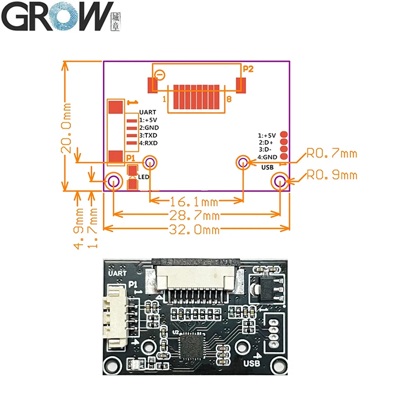 GROW R304A DC4.2-6V 208*288 Pixel Fingerprint Module Scanner Reader Free SDK With 1500 Capacity For Arduino Windows Android