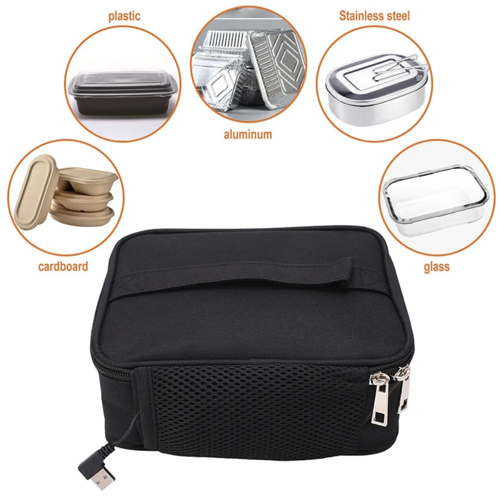 Waterproof Electric Lunch Heated Bag USB Charging Large Capacity Food Warmer Bag Rectangular Black Lunch Box Warmer Packet