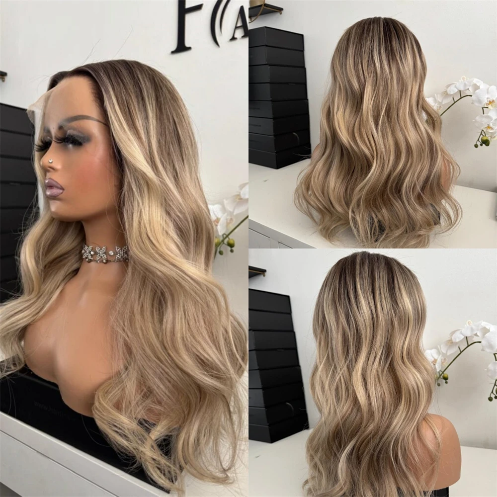 Premium Synthetic Wig Ombre Blonde with Brown Streaks Balayage Glueless HD Lace Front Wig Plucked Hairline Soft Body Wave Wig