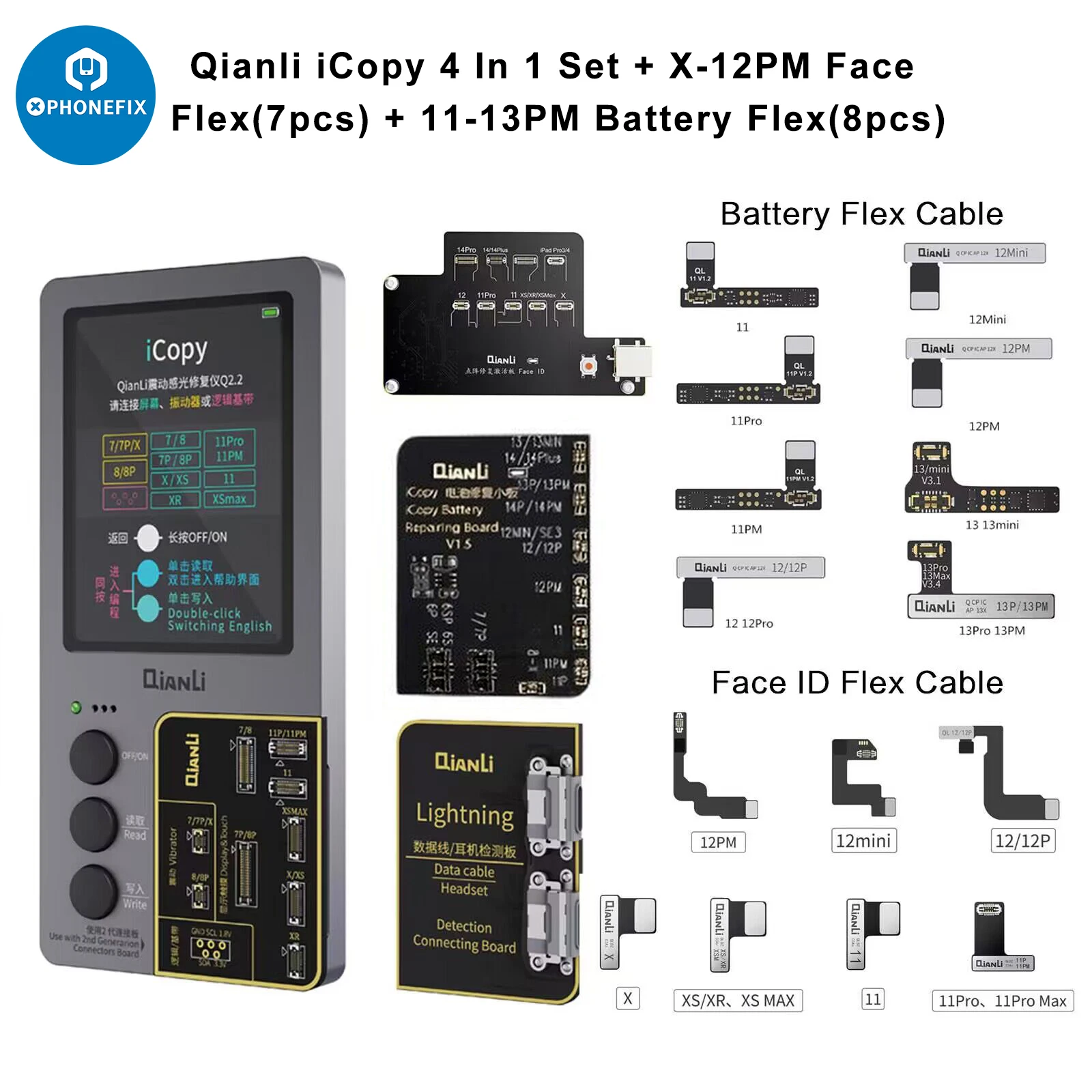 Qianmovies iCopy Plus Ture Tone/Virbrator EEPROM Programmer Battery Flex Cable Battery/LCD/Cable Heatset Board pour iPhone 6-14Repair