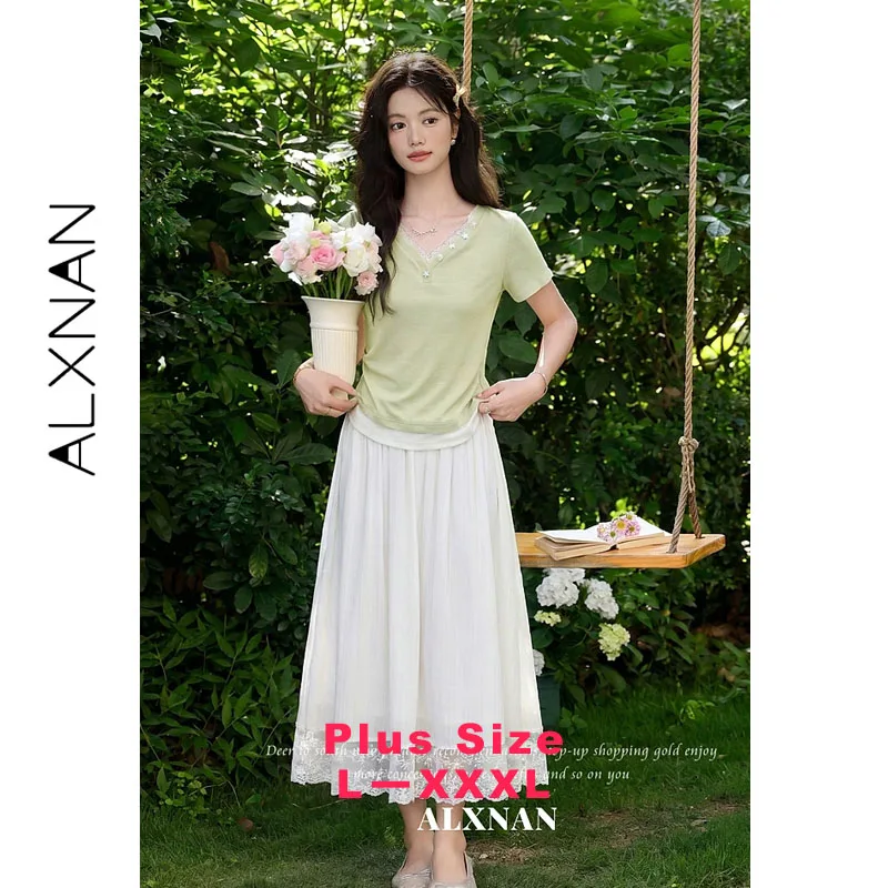 ALXNAN Plus Size Green Summer T-shirt Women 2026 V-neck Lace Trim Fake Two Piece Short Sleeve Tees Casual Elegant Tops D65706-1
