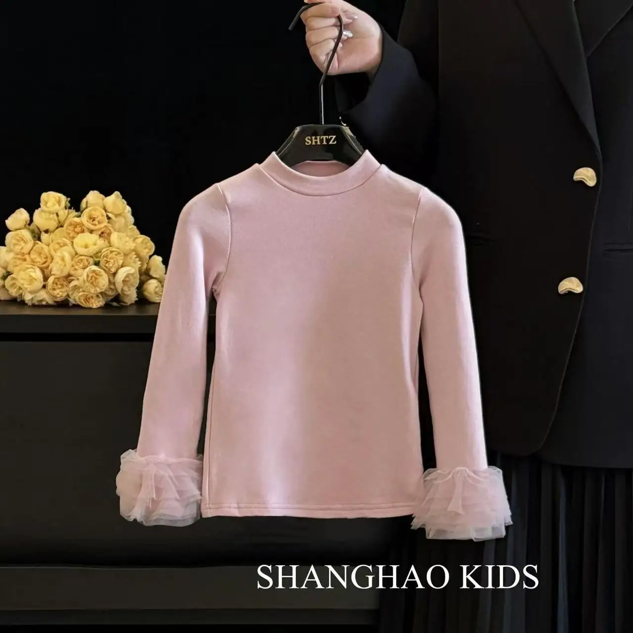 الخريف والشتاء الفتيات القوس مزين المخملية شبكة المرقعة الأزهار برعم بينافور فستان مبطنة بالصوف تول الأكمام 100-150 سنتيمتر #3