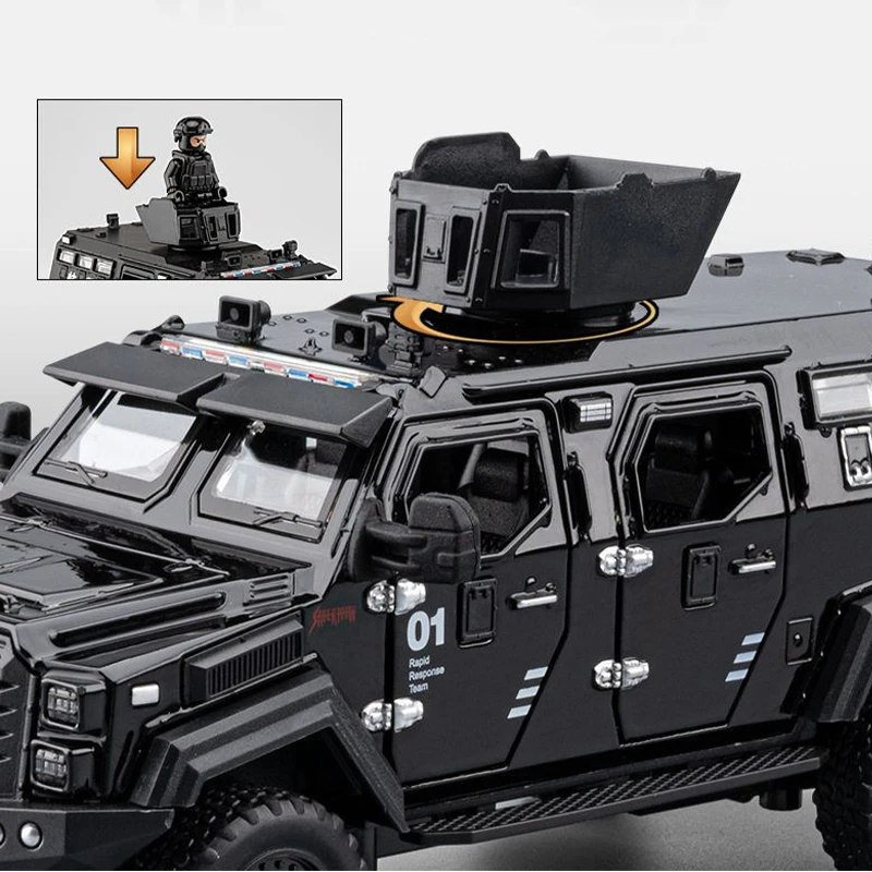 Modelo off-road blindado de tigre com dentes de sabre em escala 1:32, veículo à prova de explosão SWAT da polícia de liga de zinco com portas que podem ser abertas, som, luzes e puxar para trás - carro de brinquedo para presente de aniversário/natal para meninos