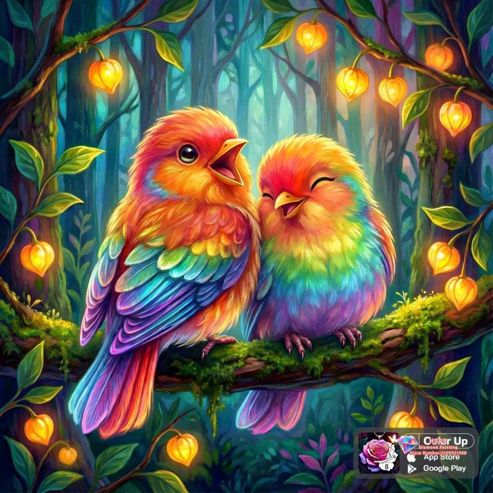 Colorful Love Birds in Enchanted Forest 5D DIY Diamond Painting Set with Square and Round Diamonds Handmade Crafts Decor Gifts