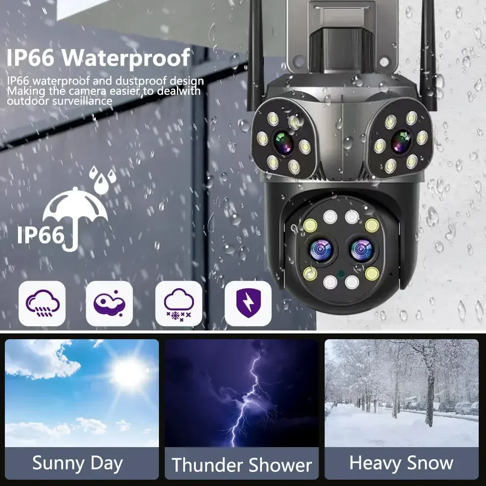 16MP 8K Wifi Surveillance Three-Screen 4-Lens 10X PTZ Zoom Outdoor Security IP Camera Color Night  Audio Bluetooth Connectivity
