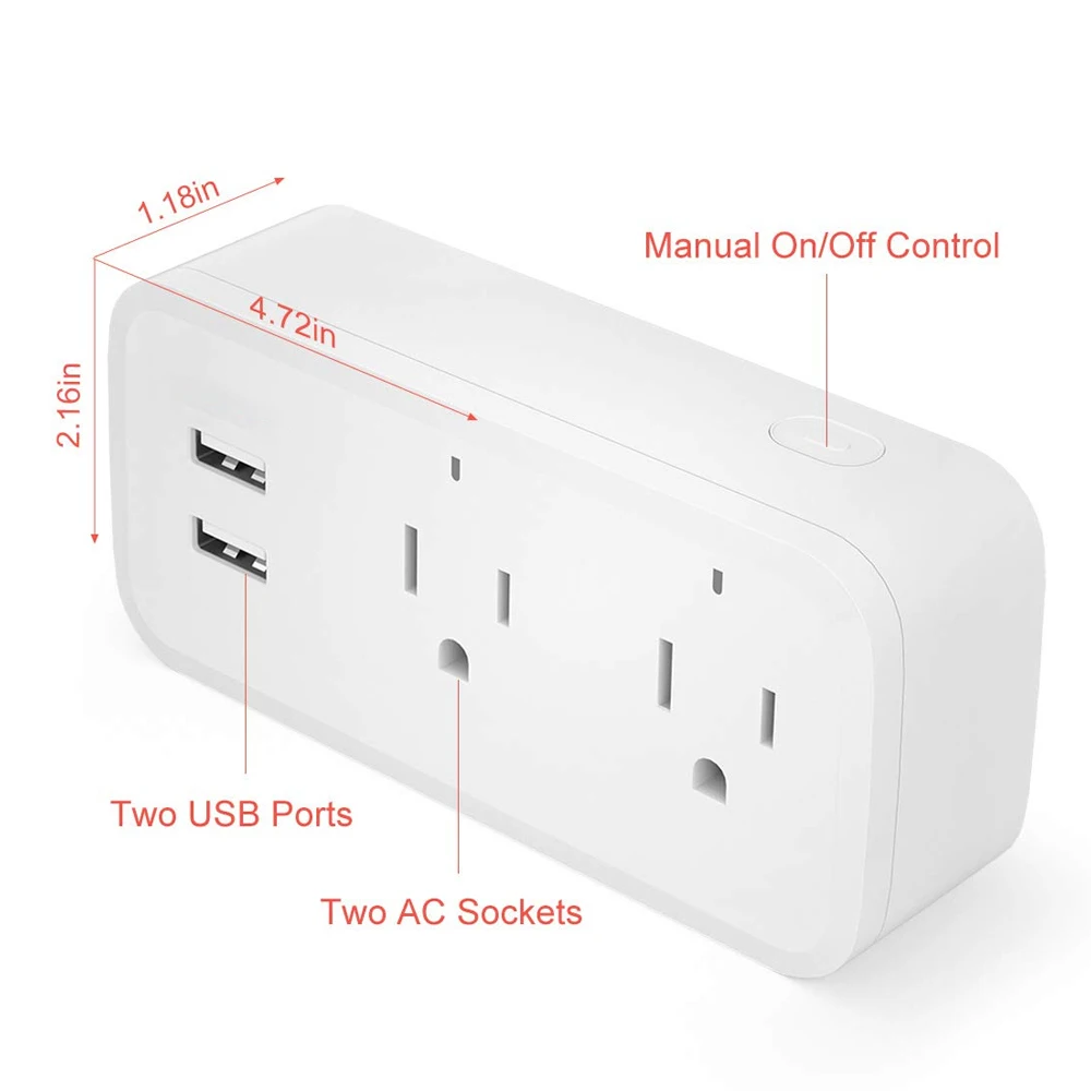 16A US Tuya Smart WiFi Dual Plug Socket With 2 USB Ports With Power-off Memory Smart Life Voice Control APP Remote Control