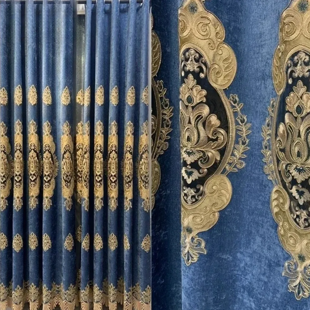 European Thickened Blue Chenille Hollow Embroidery Curtains for Living Room Bedroom Dining Decor Retro Luxury Custom Size Tulle