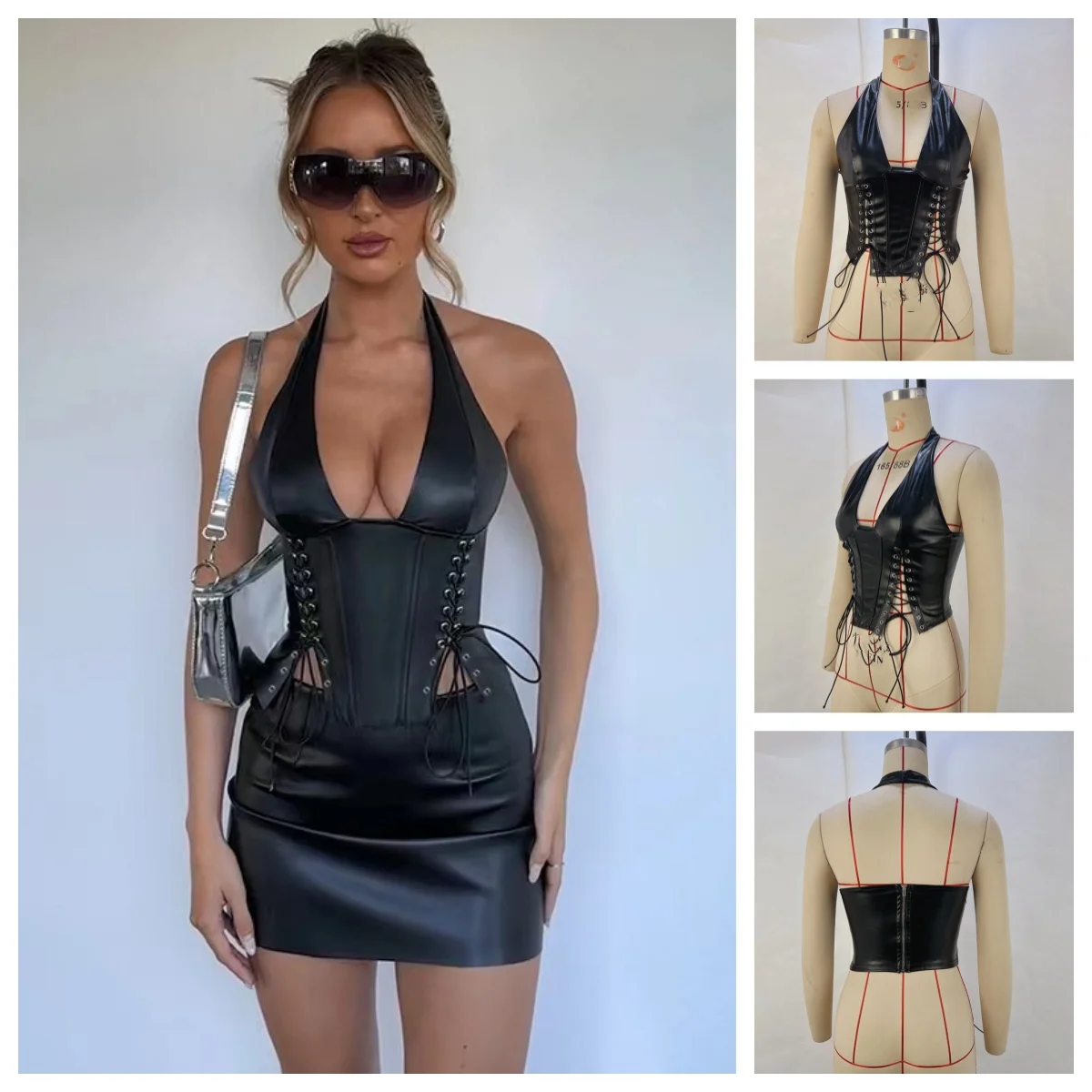 Sexy Halter Leather Corset Crop Top Women Summer Night Club Party Lace Up PU Tank Camisas Cropped Y2k Tops Blusas Corset Vest
