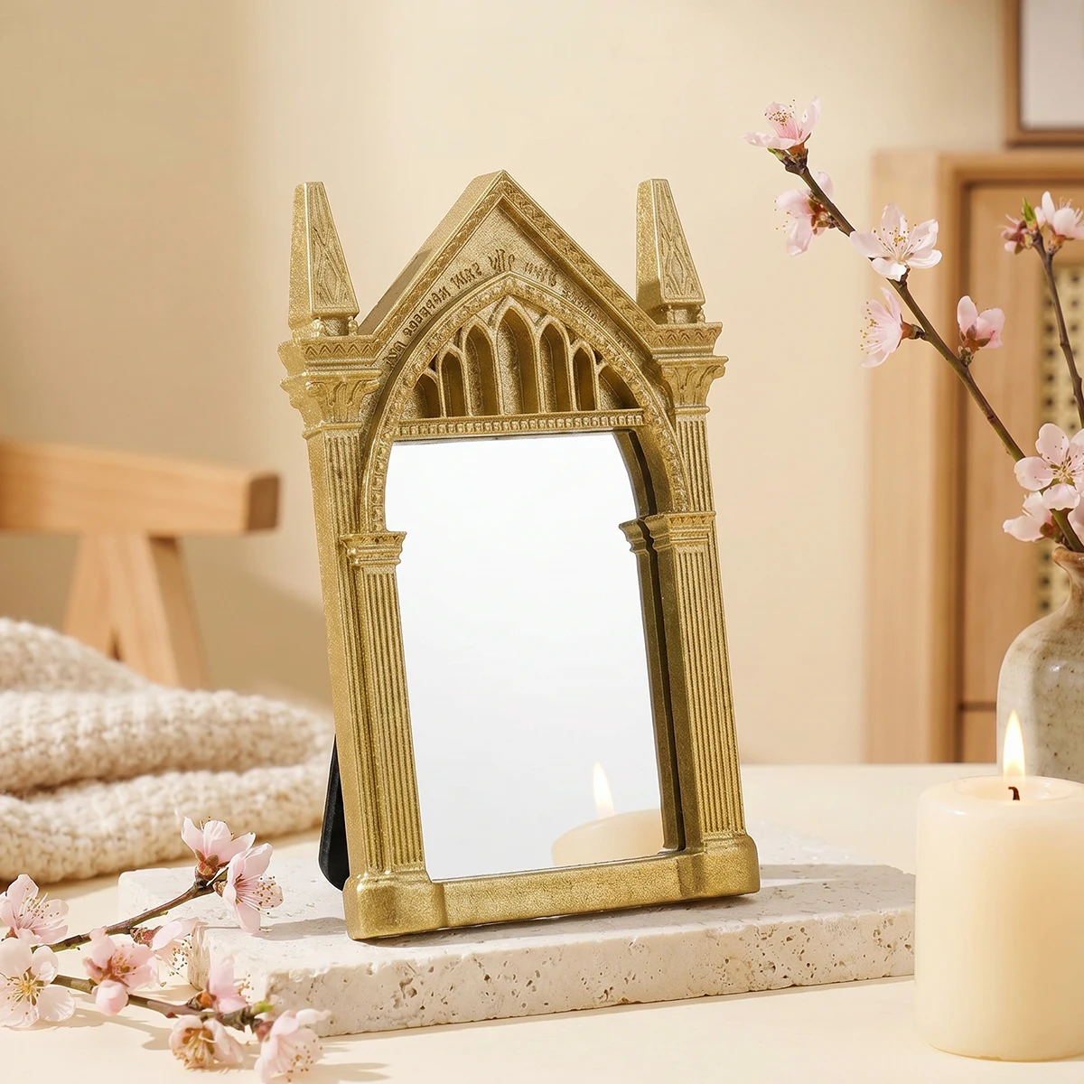 1PC, Resin Mirror Frame, Gilded Mirror Frame, European Gothic Arch Tabletop Standing Makeup Mirror