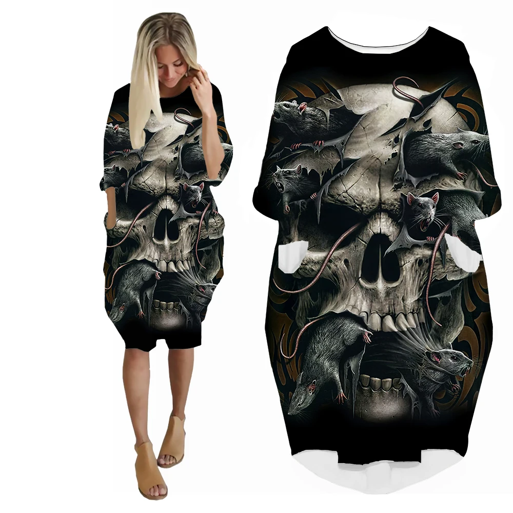 SONSPEE Novelty Gothic Skull with Mouse Graphic 3D Print Women's Dress Lady Cosplay Retro Skull Harajuku Pocket Skirt Streetwear