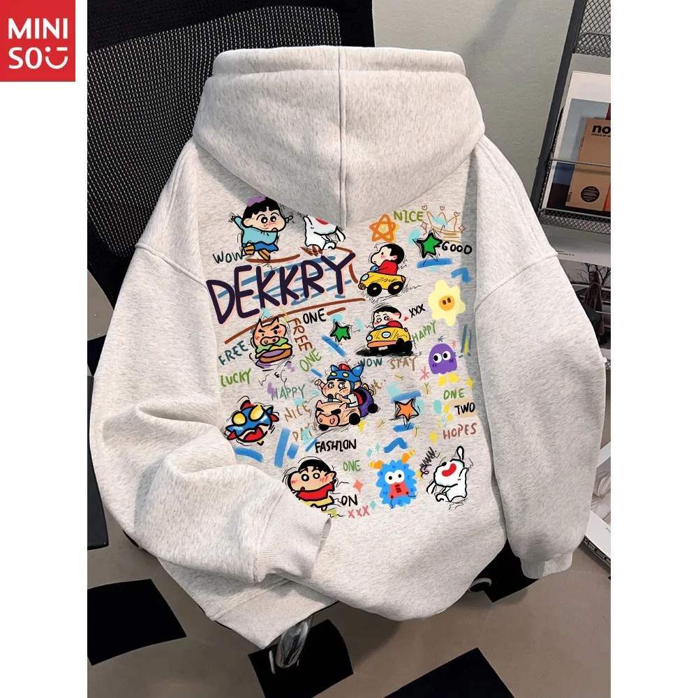 

Miniso Vintage Versatile Hooded Sweater Autumn Premium Men's and Women's Cartoon Printed White Grey Top Couple Dress